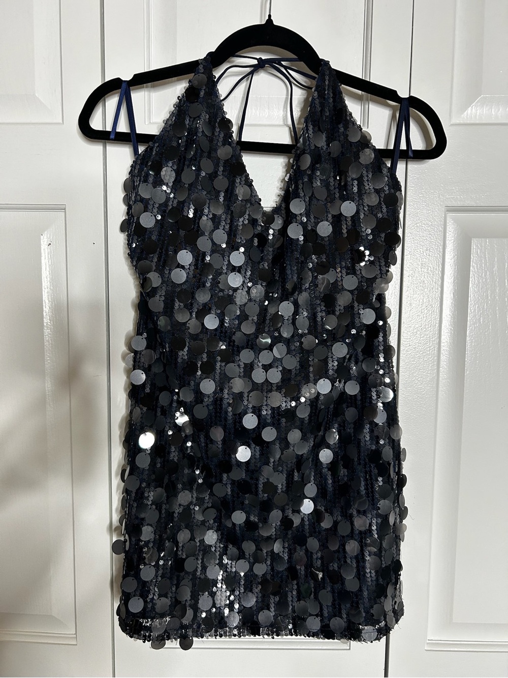 Edikted Navy Sequin Halter Dress
